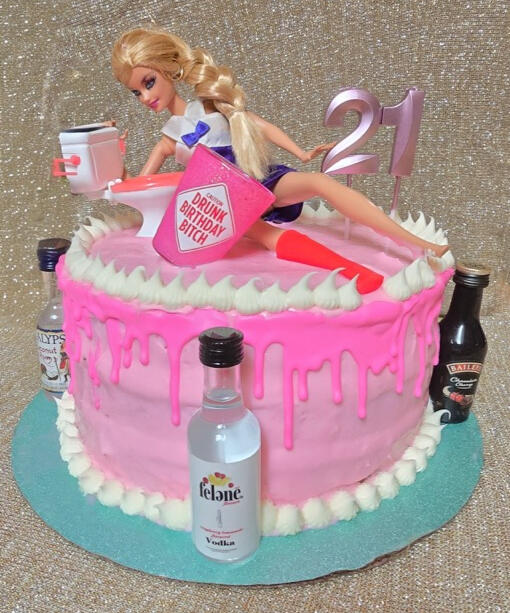 Pink drip 21st birthday cake Pink drip 21st birthday cake with a doll cake topper