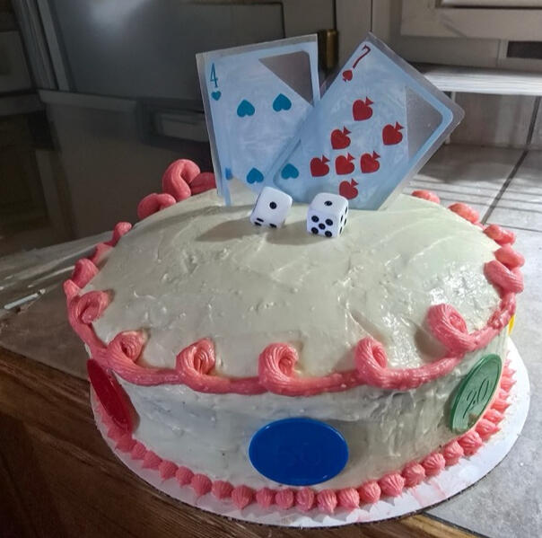 Playing card themed birthday cake Playing card themed birthday cake with card and dice toppers and polka dot accents